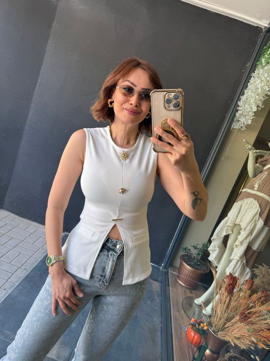 Mzr Beyaz Gold Düğmeli Bluz