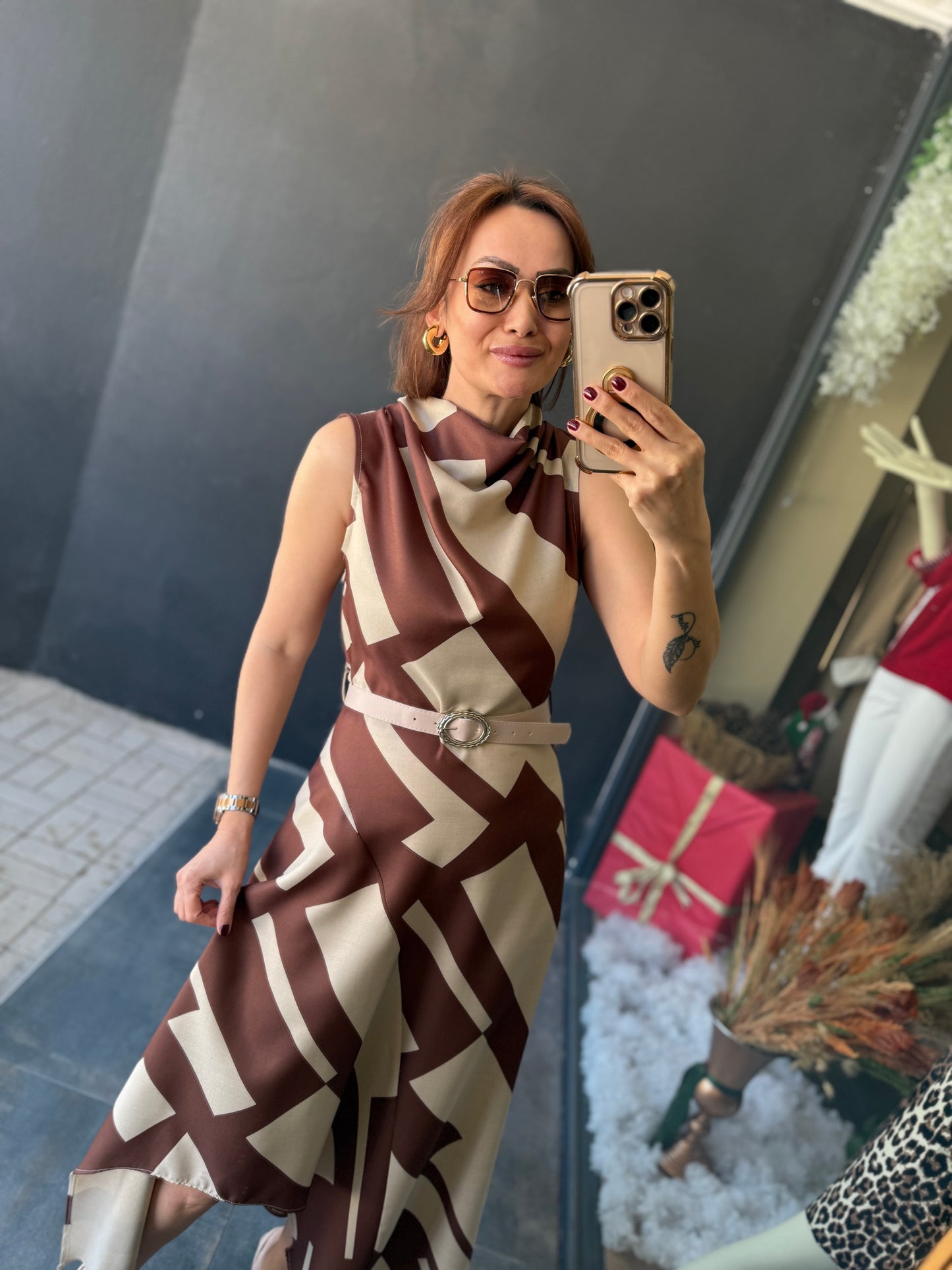 Alba Kahve Keten Midi Elbise