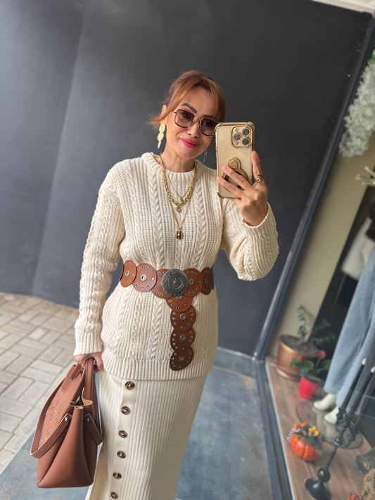 Baggy Bej Balık Sırtı Triko Etek & Kazak Takım