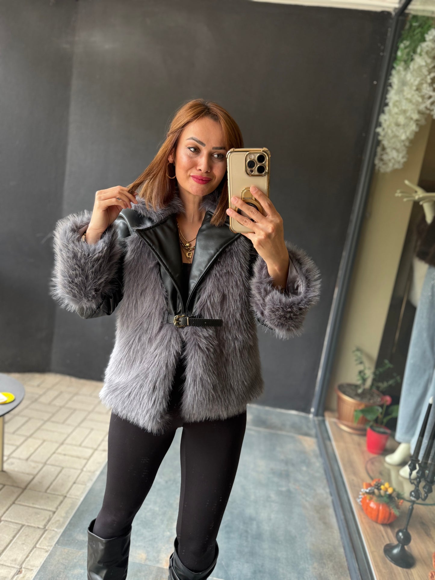 Deer Siyah Deri & Kürk Ceket