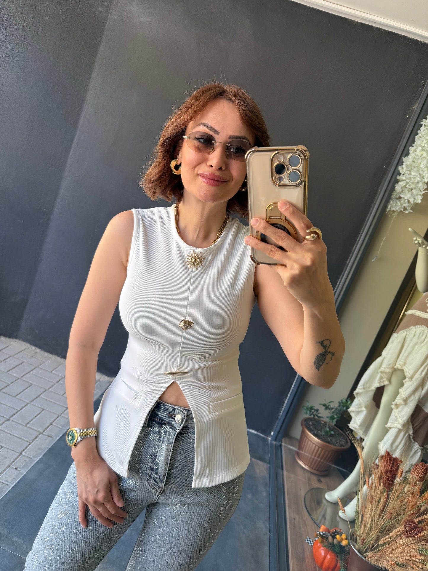 Mzr Beyaz Gold Düğmeli Bluz