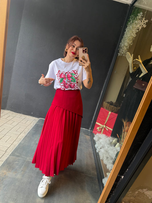 Cahide Kırmızı Piliseli Etek
