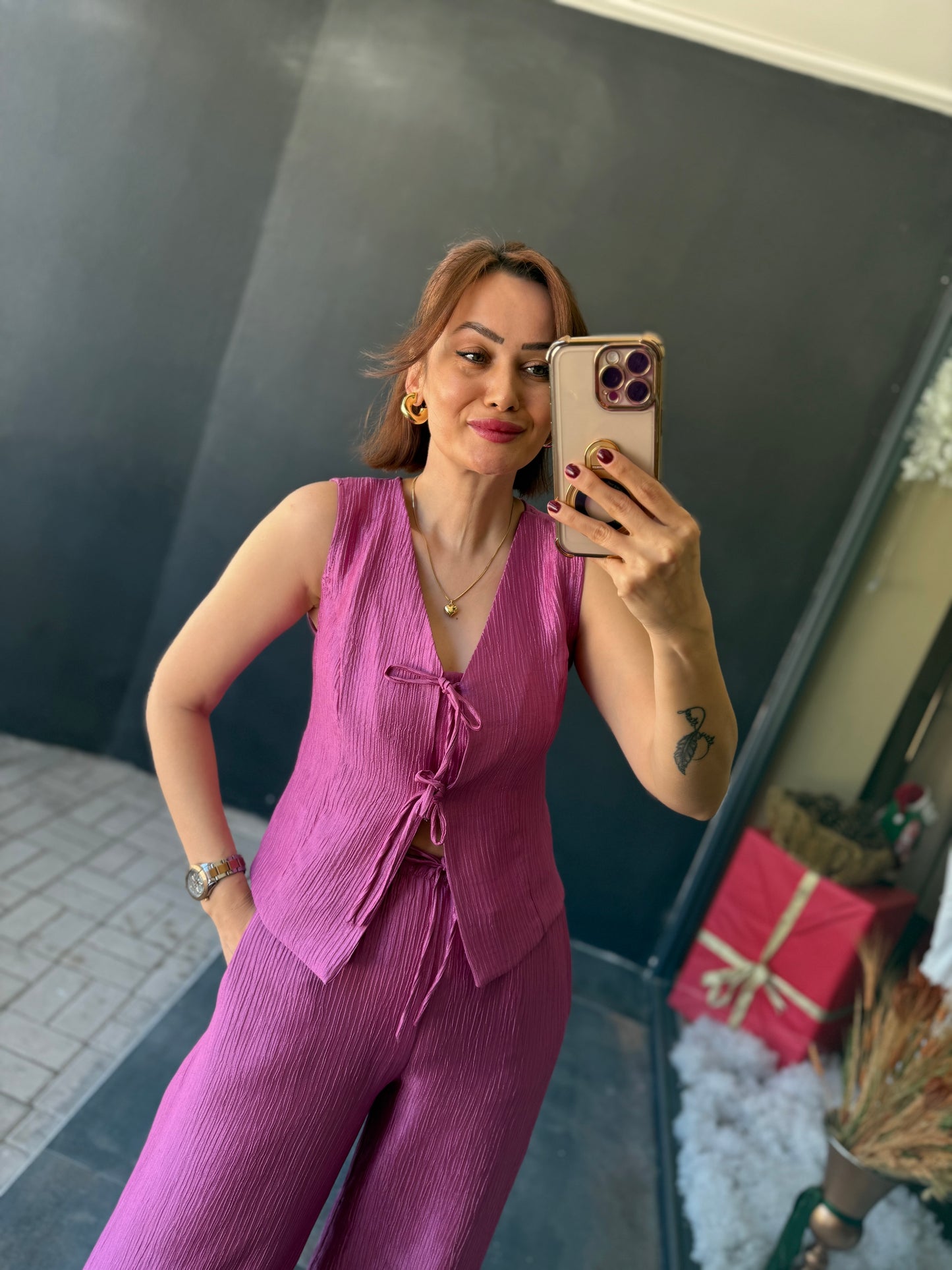 Melinda Lila Müslin Yelekli Takım