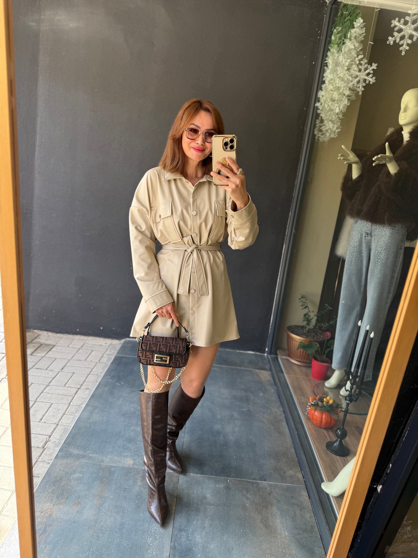 Prady Krem Deri Elbise &Tunik