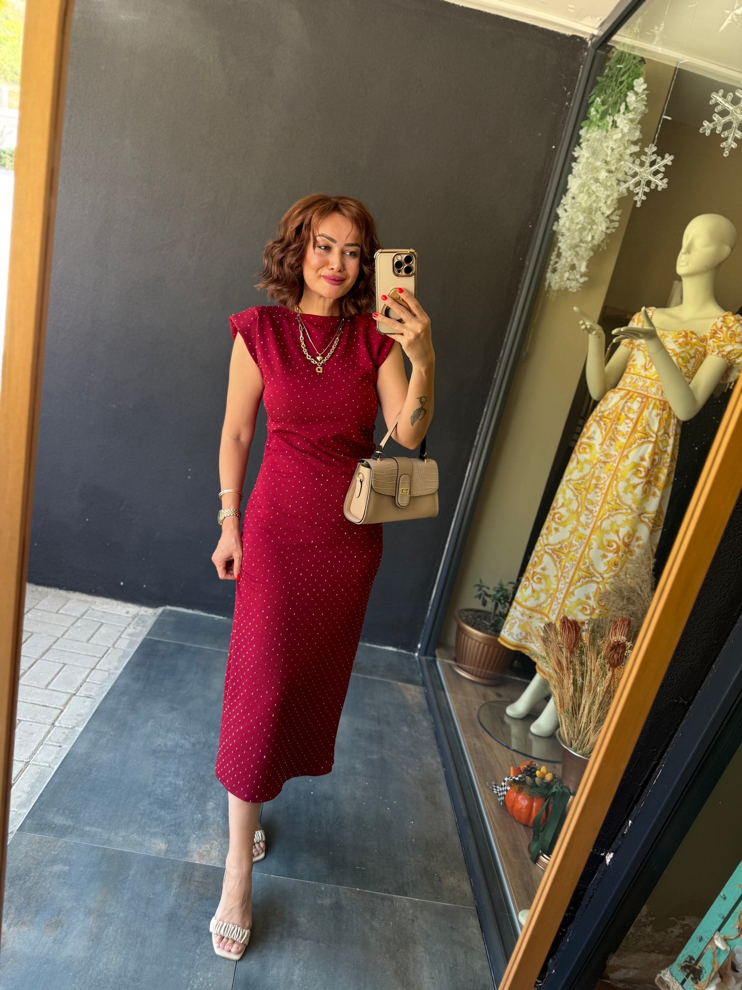 Shine Buzy Bordo Kalem Elbise