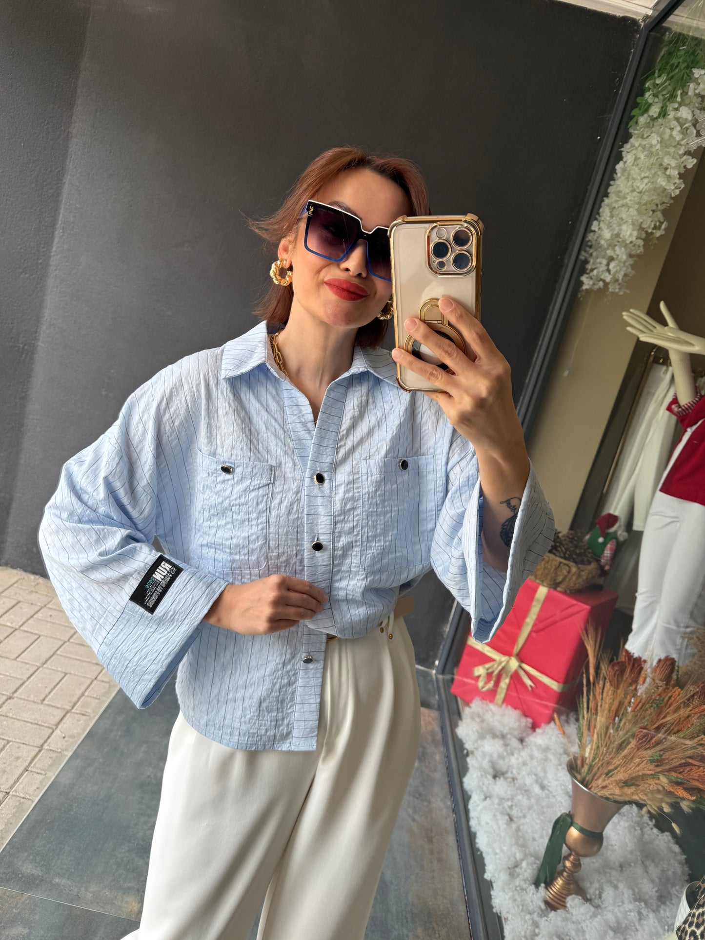 Maxi Çizgili Mavi Tensel Gömlek