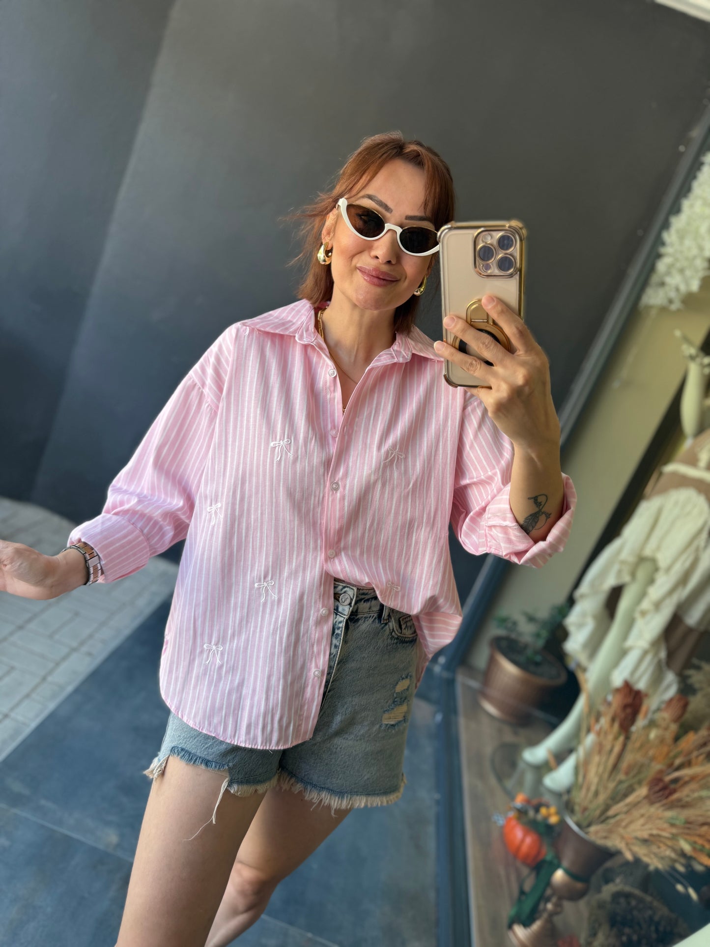 Bısou Pembe Fiyonk Nakışlı Gömlek