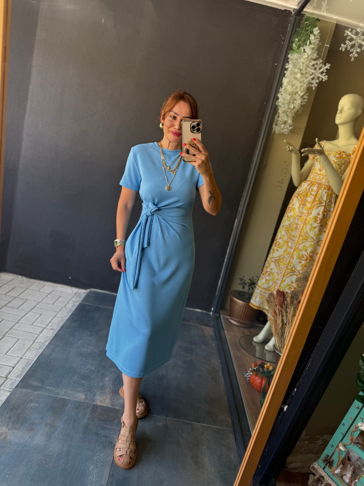 Fragman Modal Mavi Kuşaklı Elbise