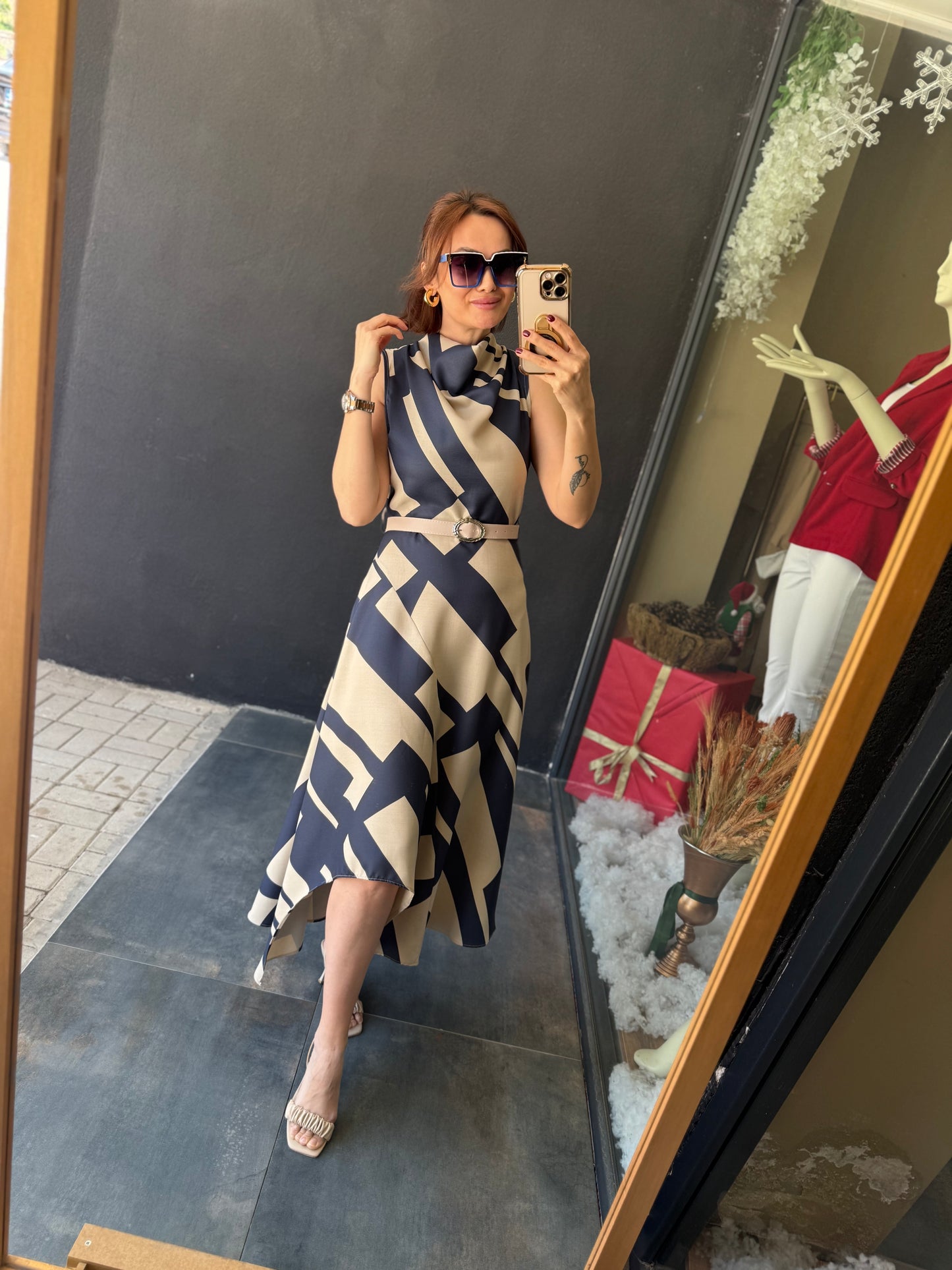 Alba Lacivert Keten Midi Elbise