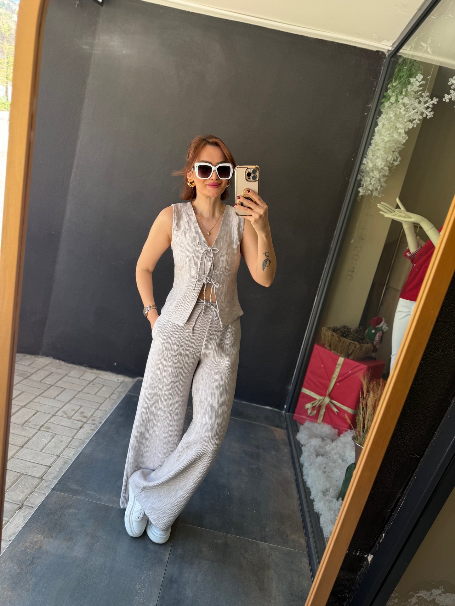Melina Gri Müslin Yelekli Takım