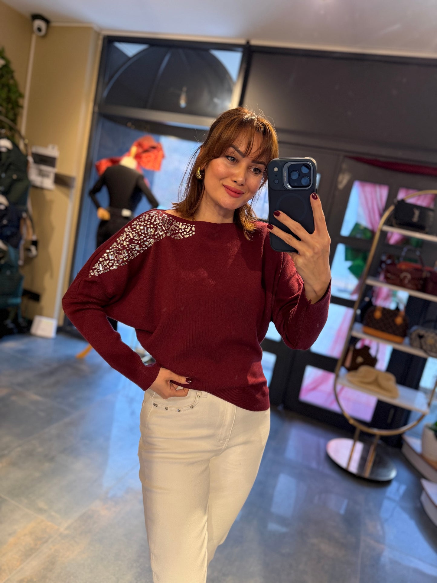 Buruni Bordo Çelik Örme Bluz