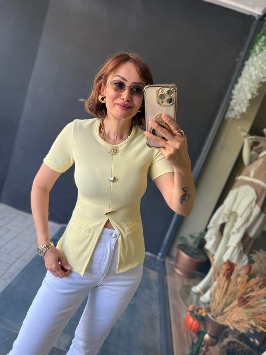 Mzr Sarı Gold Düğmeli Bluz