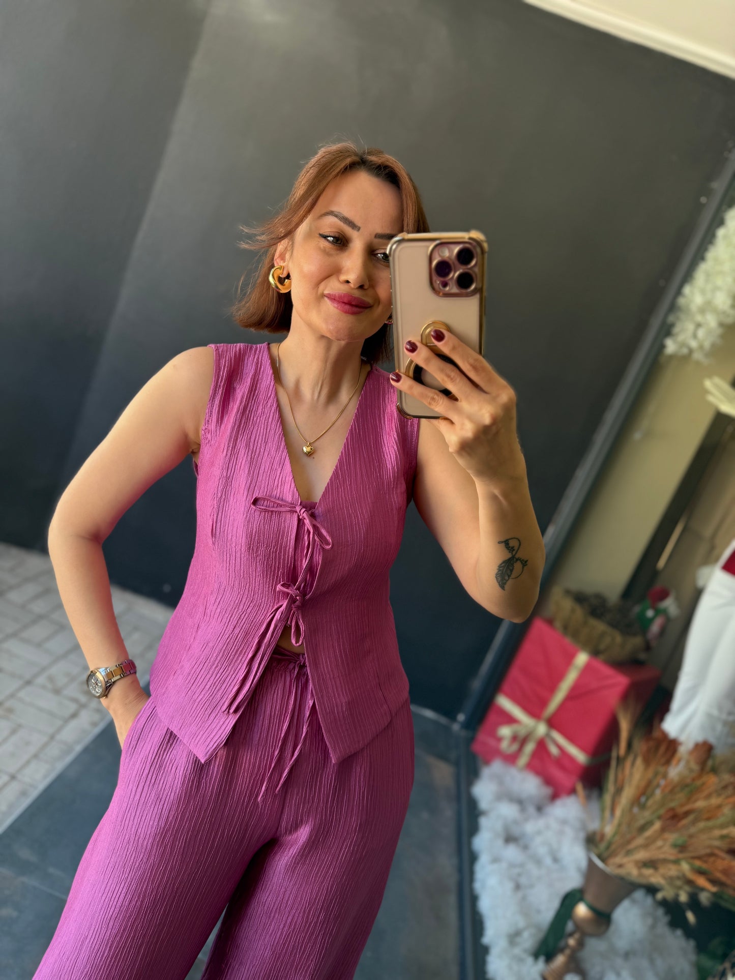 Melinda Lila Müslin Yelekli Takım