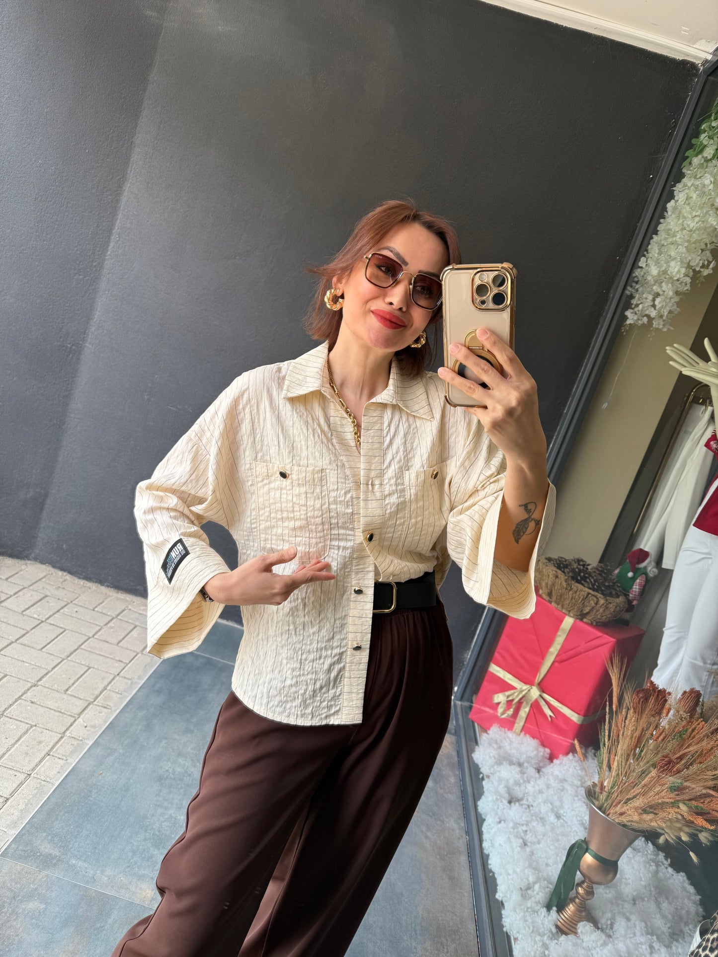 Maxi Ekru Çizgili Gömlek