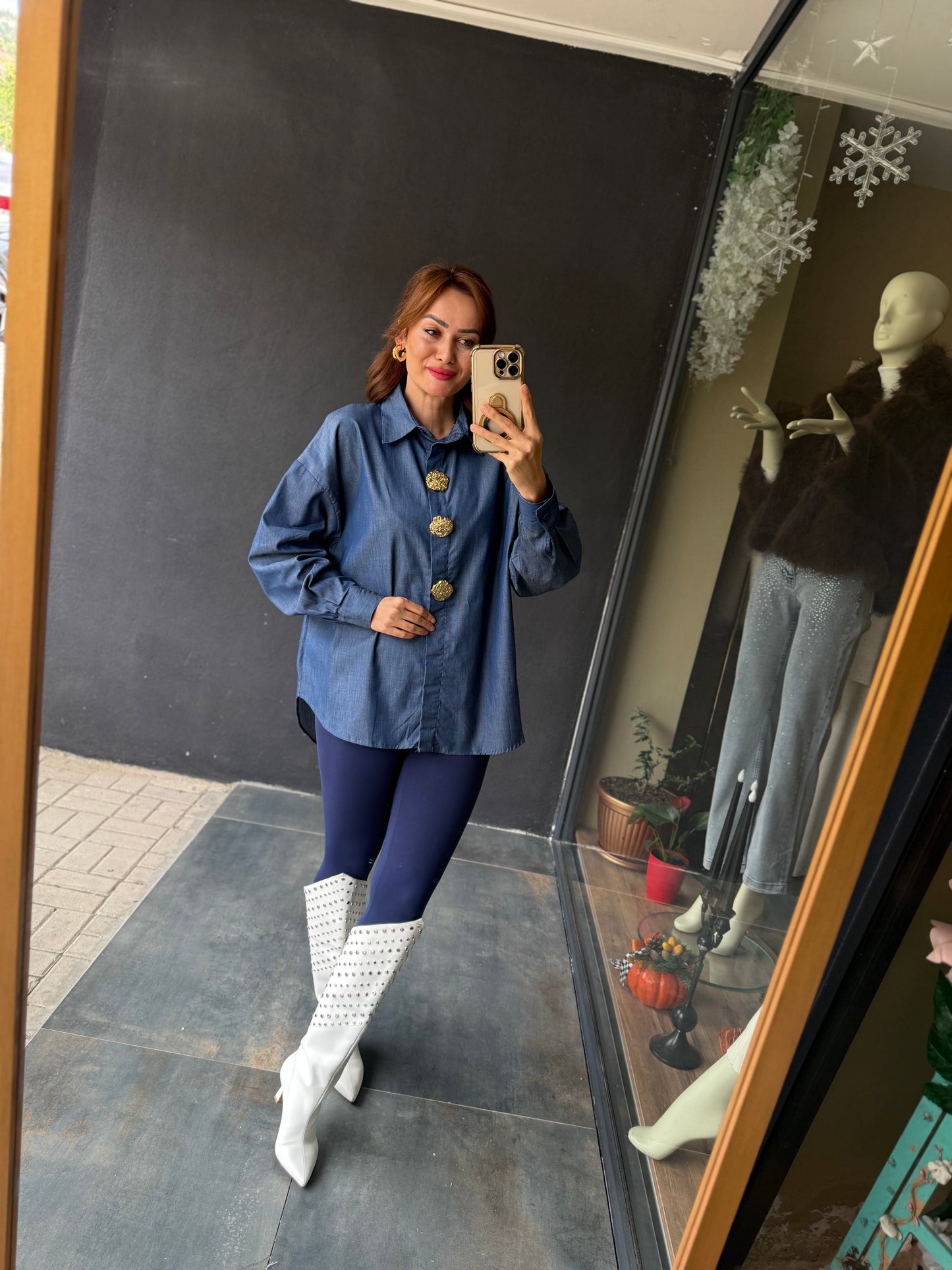 Dafina Gold Broşlu Mavi Gömlek