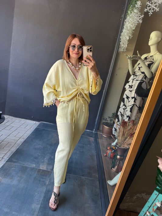 Aspirin Sarı Müslin Pantolon Takım