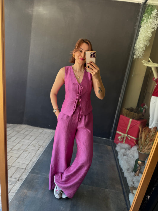 Melinda Lila Müslin Yelekli Takım