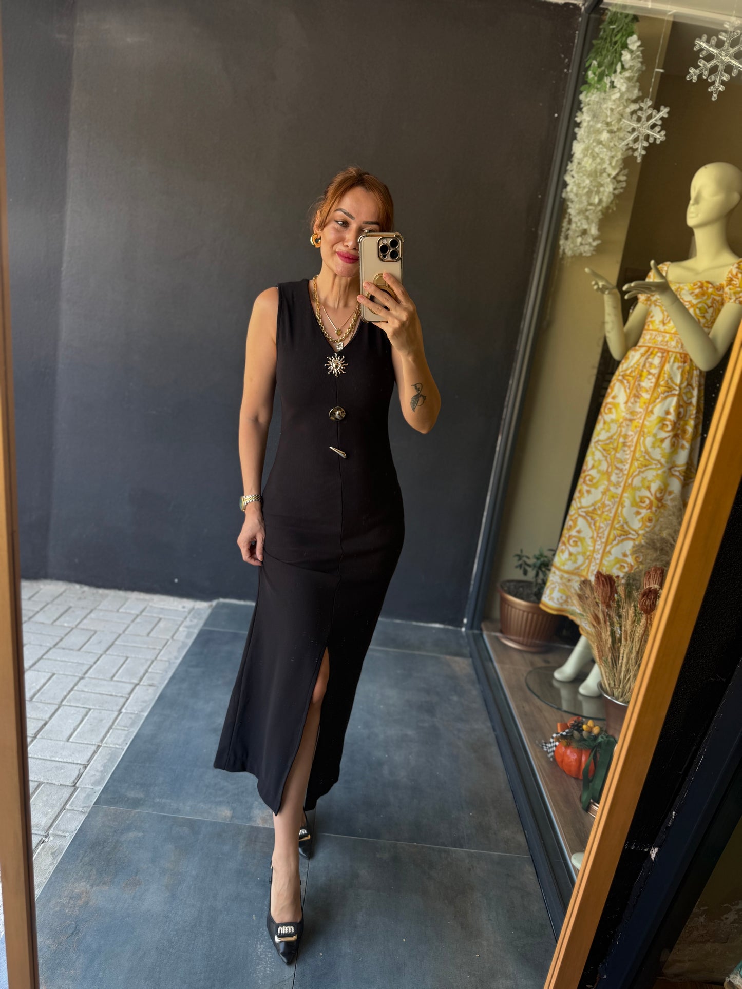 Henna Düğmeli Kalem Elbise