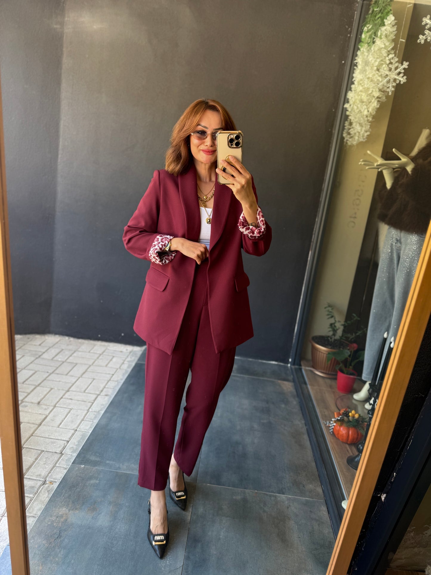 Melanj Bordo Ceket&Pantolon Takım