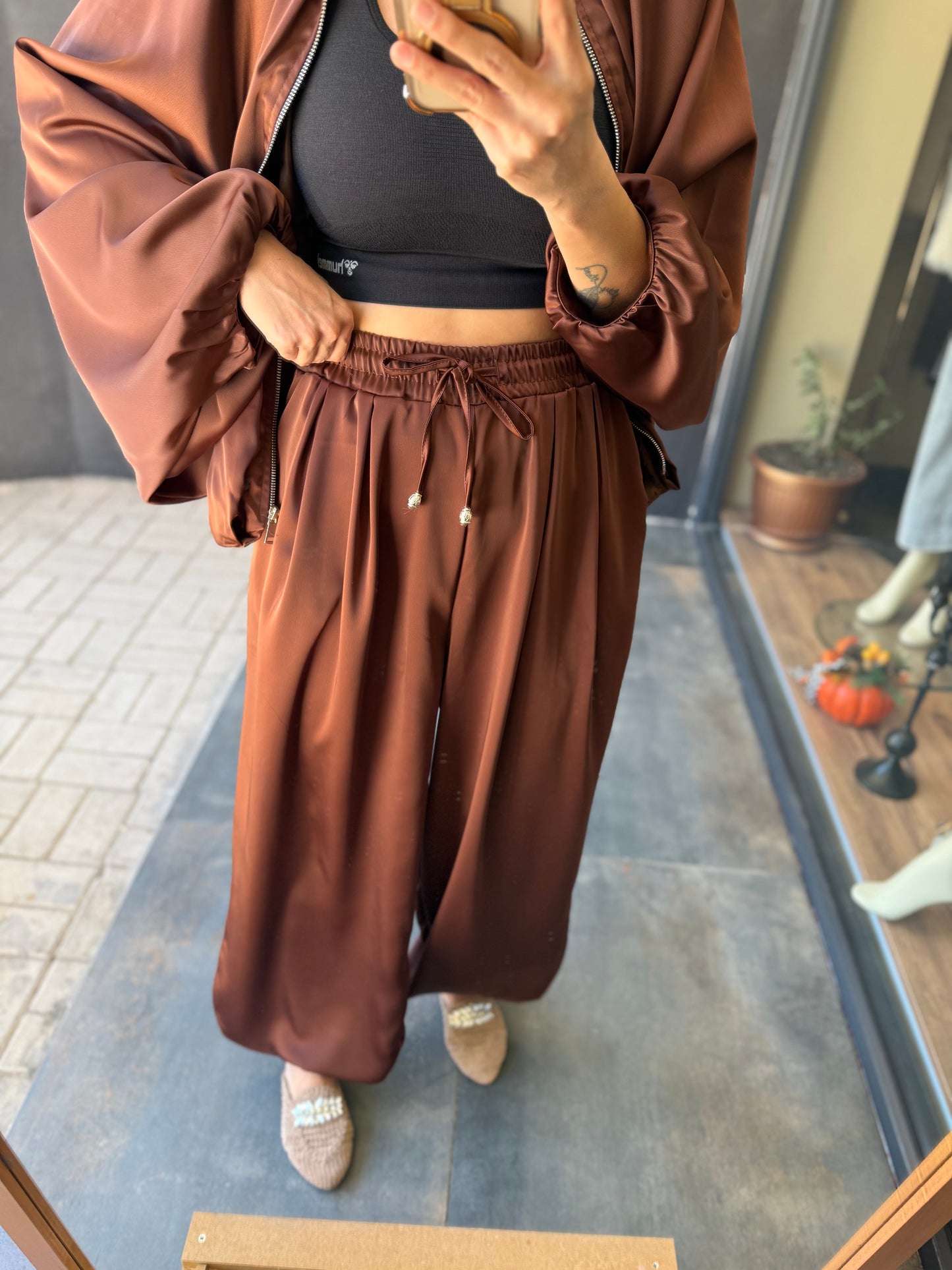 Cardinal Kahve Saten Bomber Takım