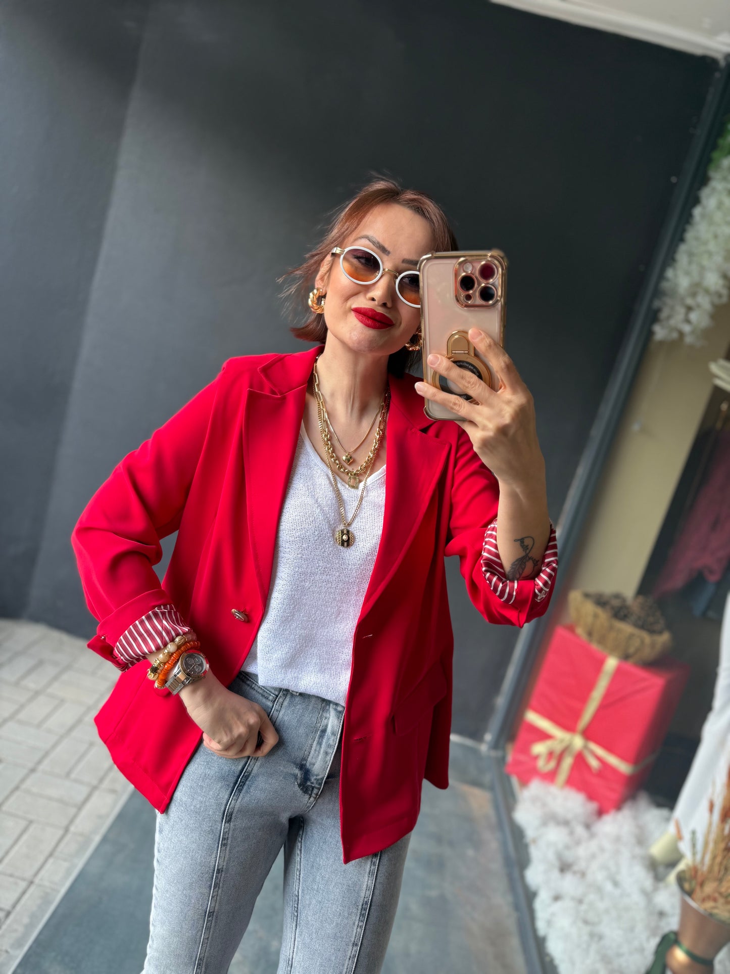 Red & Black Blazer Ceket Kırmızı