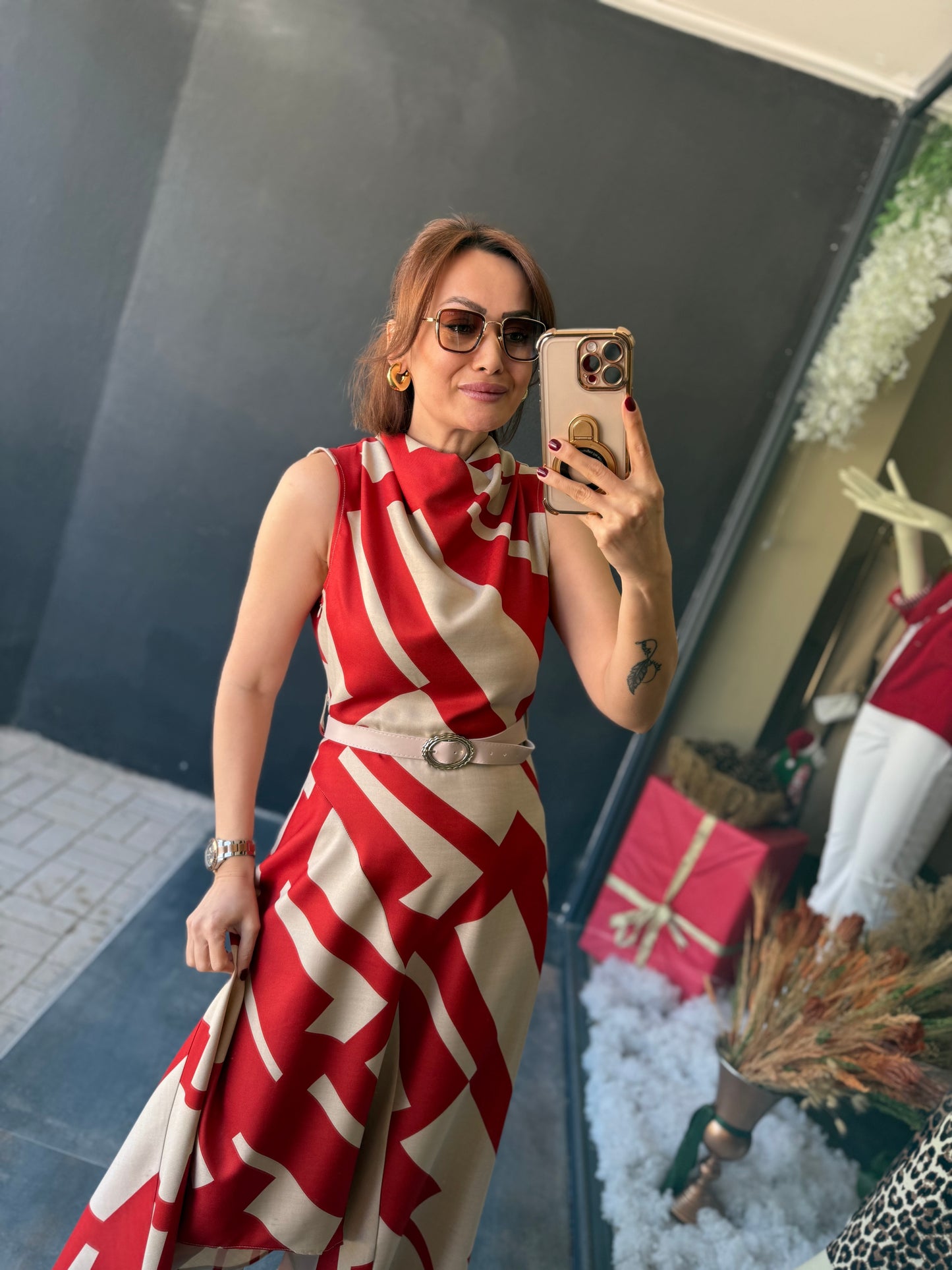 Alba Kırmızı Keten Midi Elbise
