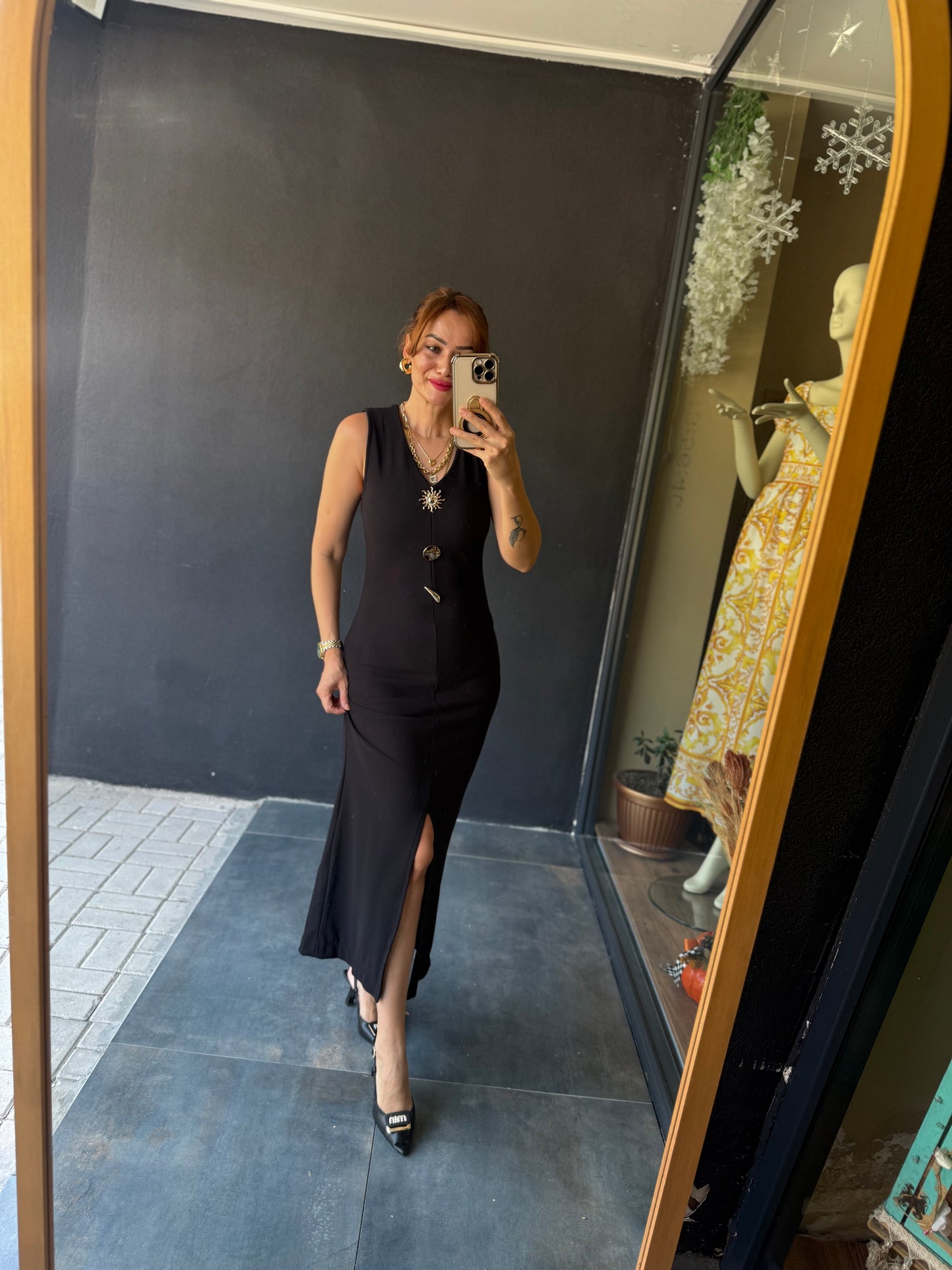 Henna Düğmeli Kalem Elbise