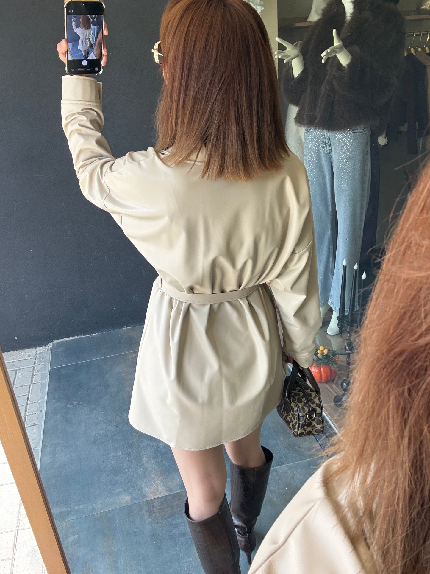 Prady Krem Deri Elbise &Tunik