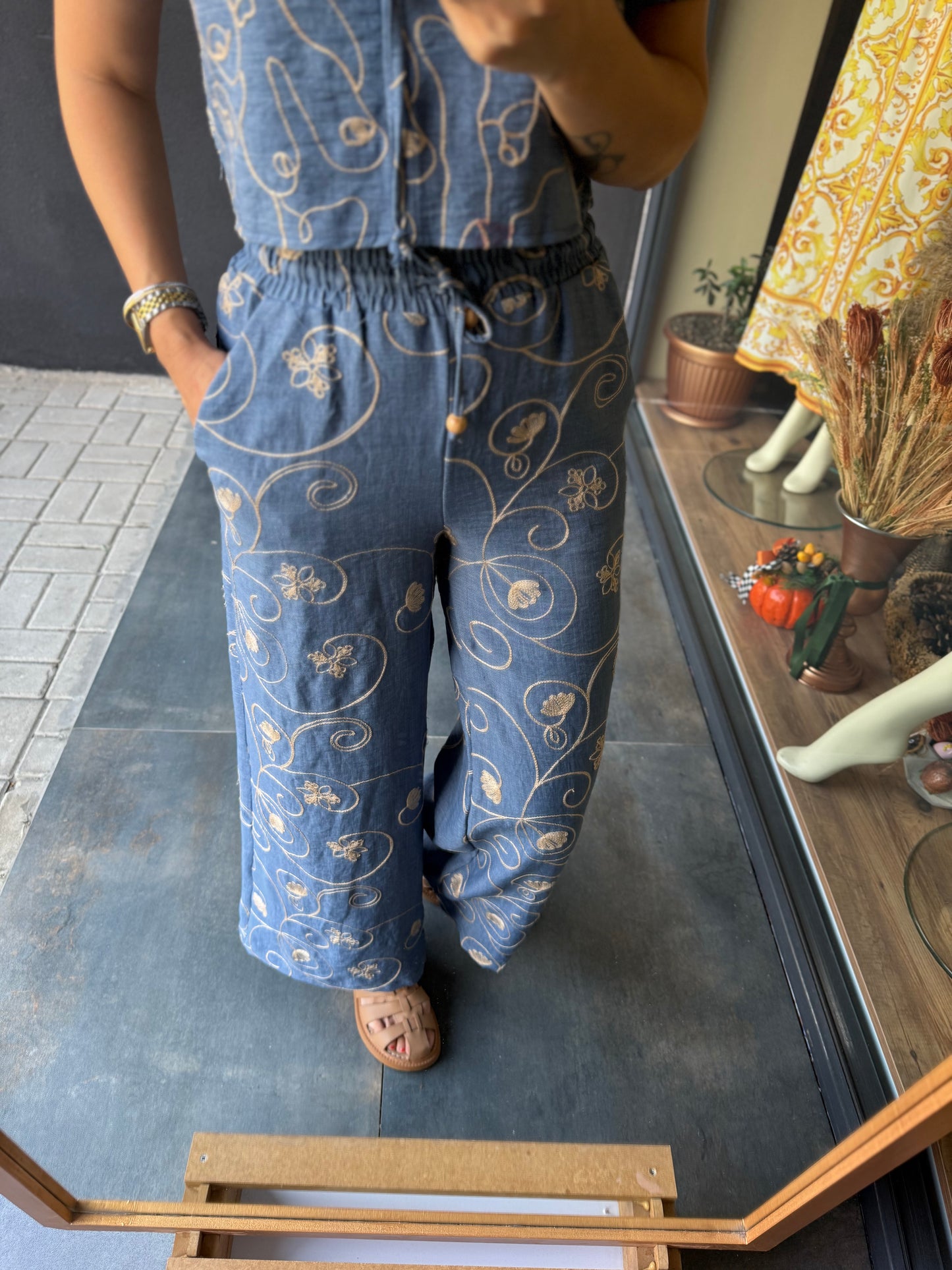 Cutest Mavi Nakışlı Pantolon Takım