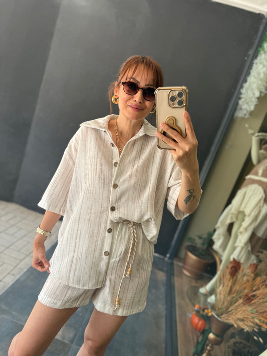 Bandido Bej Keten Şort Takım