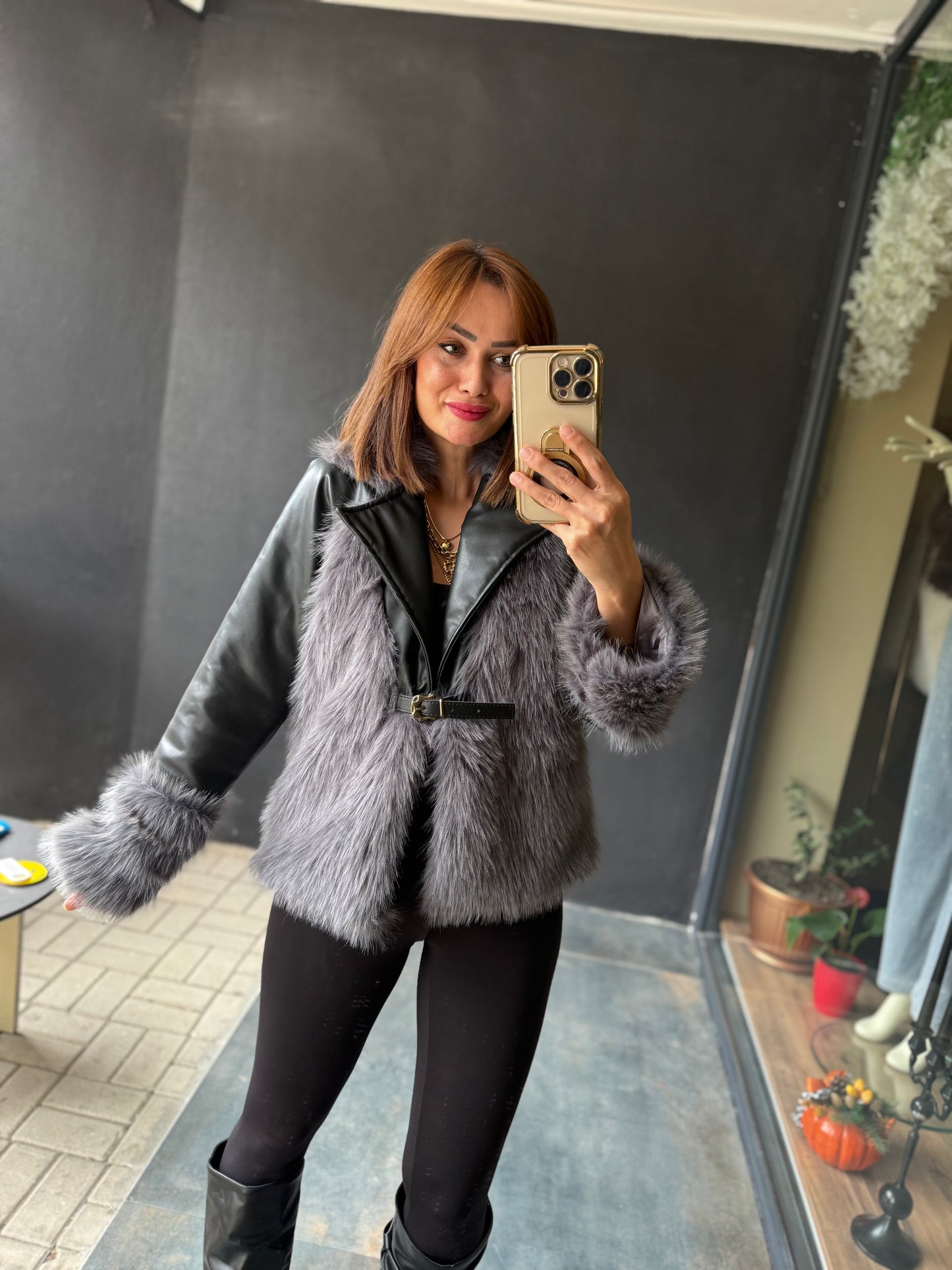 Deer Siyah Deri & Kürk Ceket