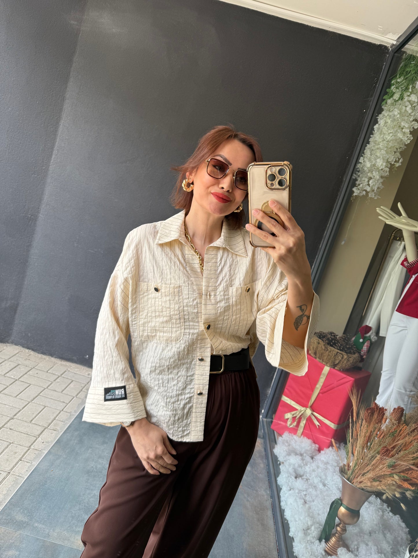 Maxi Ekru Çizgili Gömlek