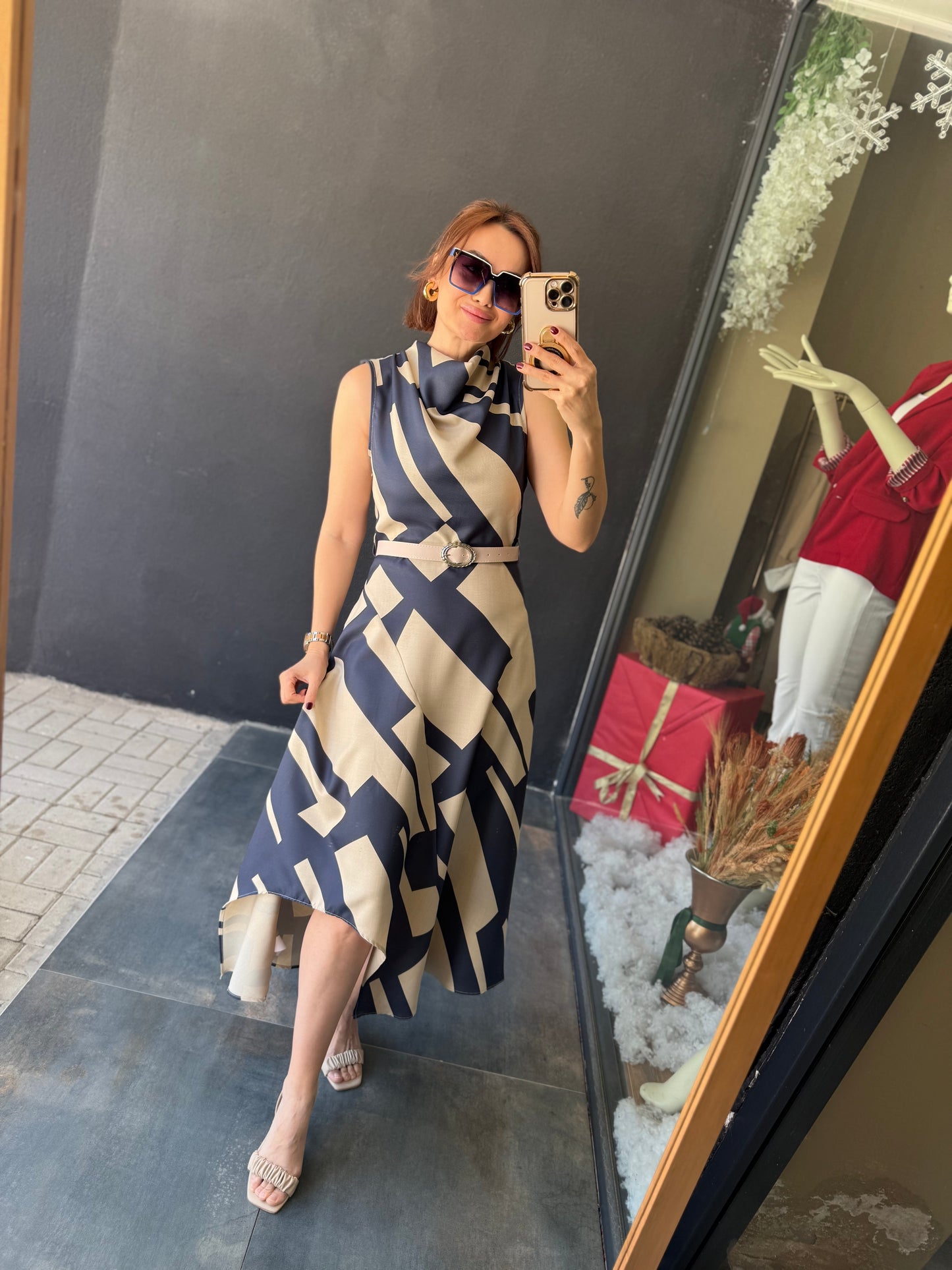 Alba Lacivert Keten Midi Elbise