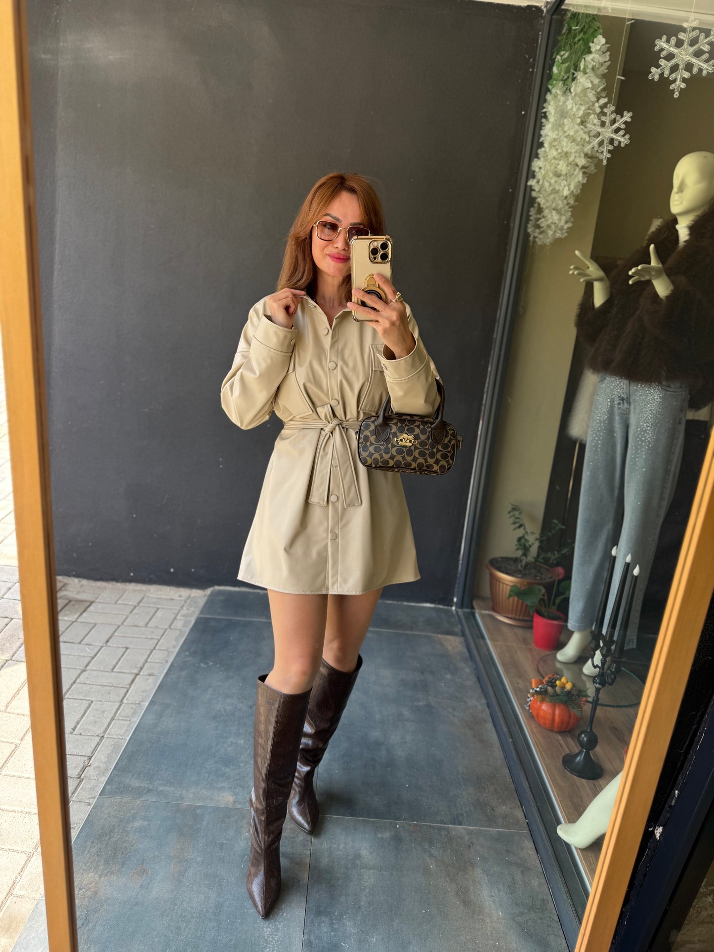 Prady Krem Deri Elbise &Tunik