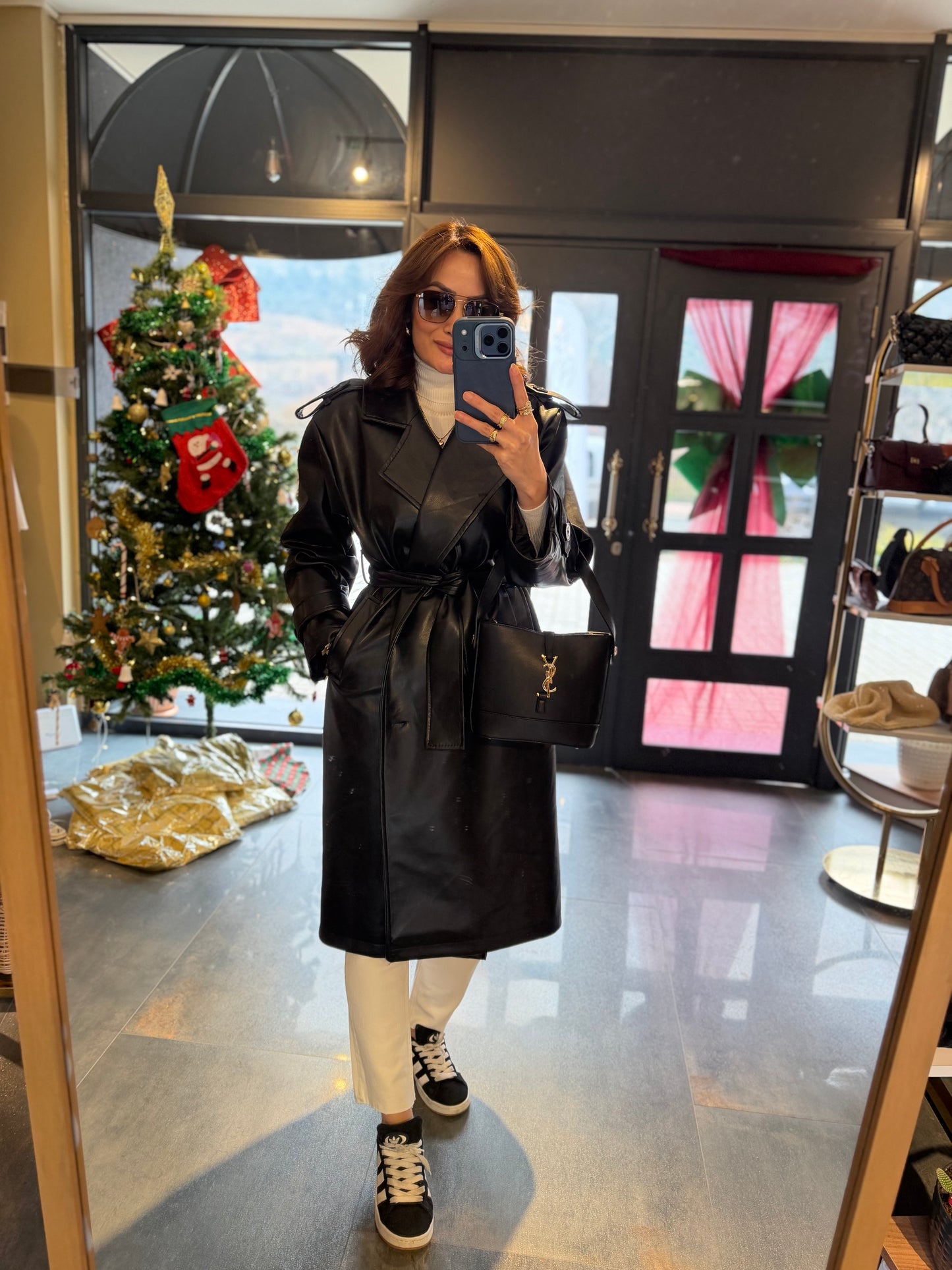 Glam Siyah Deri Trench