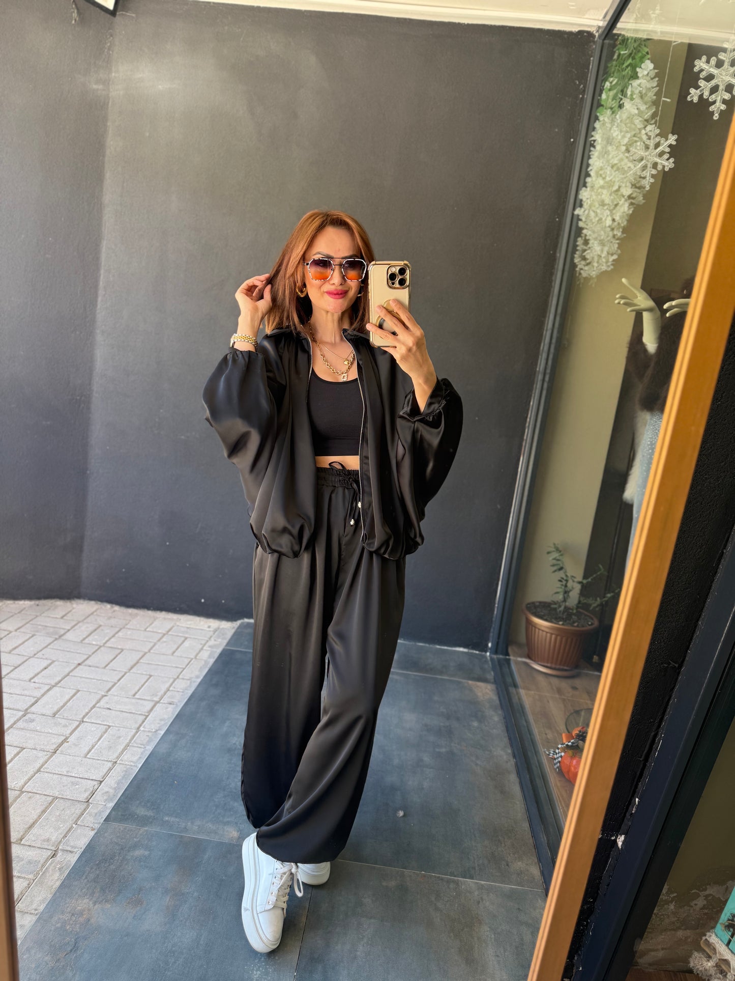 Cardinal Siyah Saten Bomber Takım