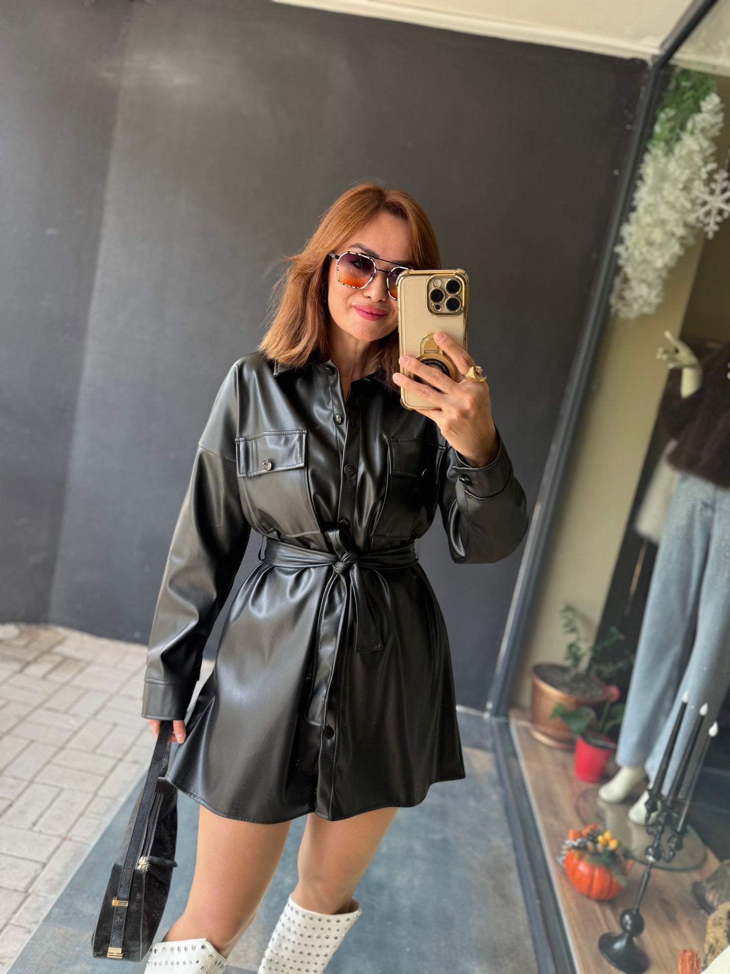 Prady Siyah Deri Elbise & Tunik