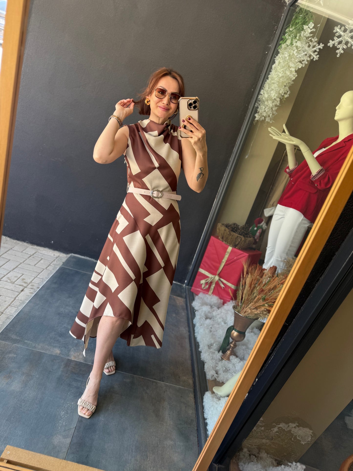 Alba Kahve Keten Midi Elbise