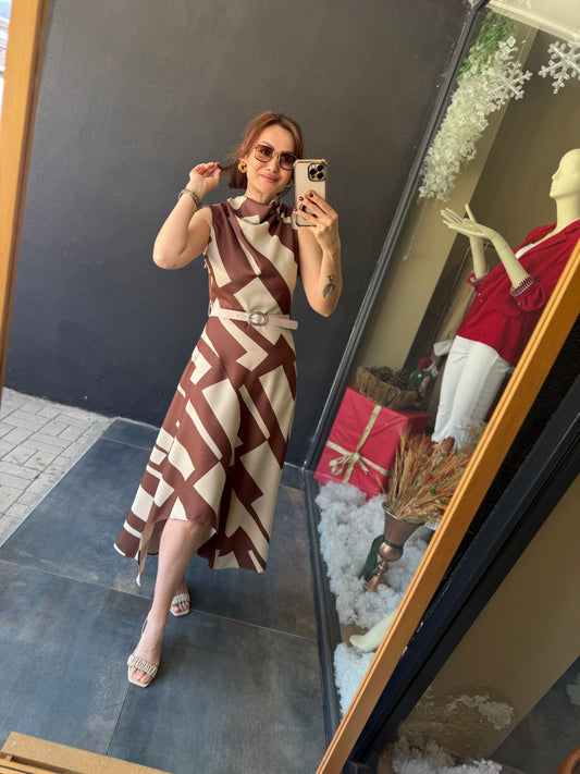 Alba Kahve Keten Midi Elbise