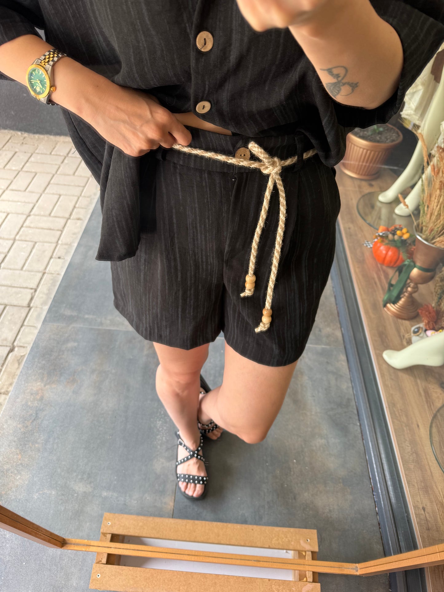 Bandido Siyah Keten Şort Takım