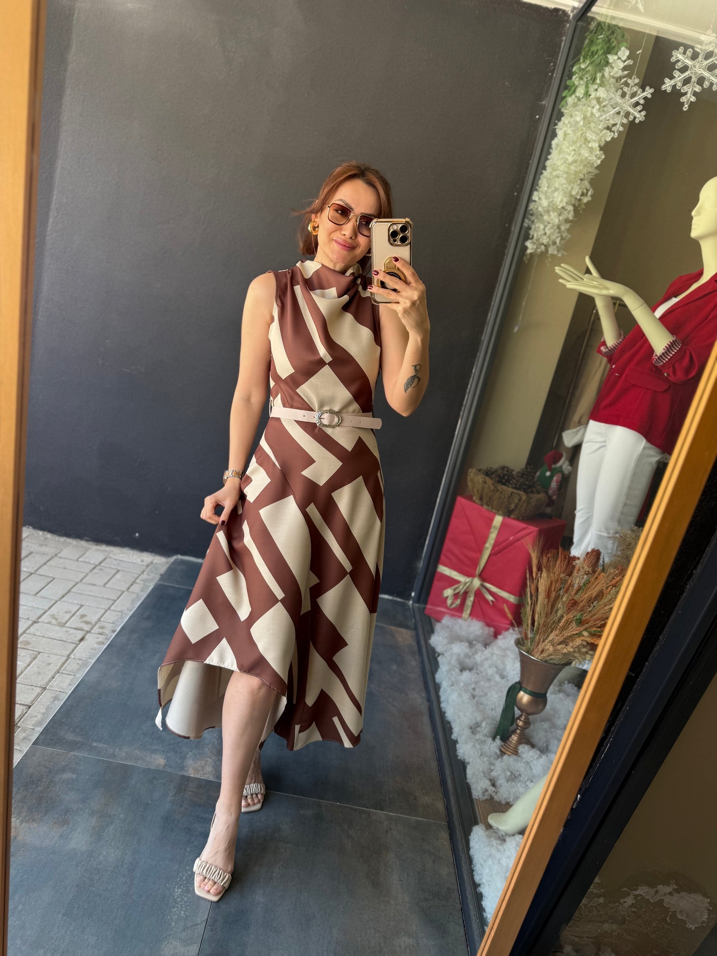 Alba Kahve Keten Midi Elbise