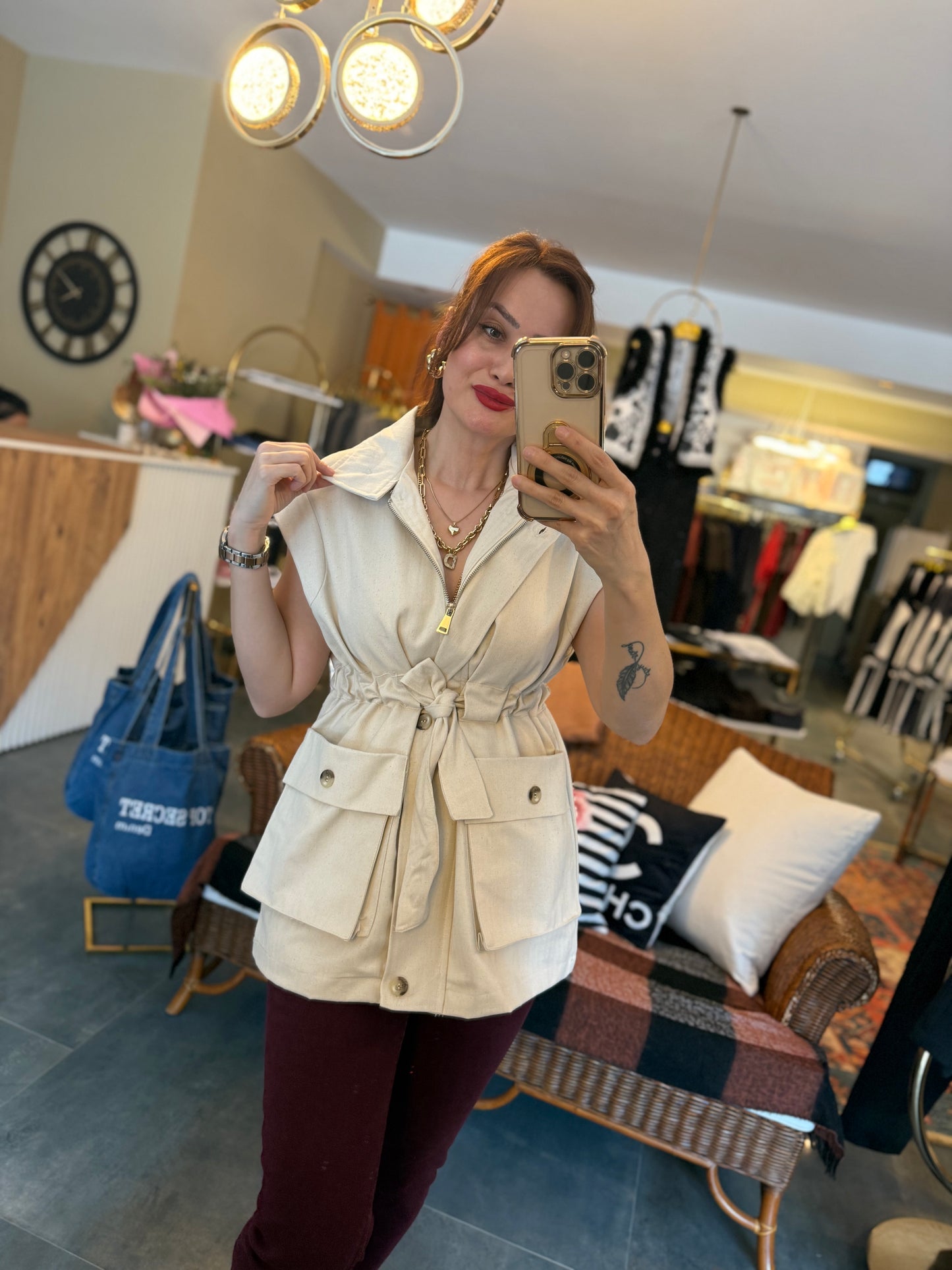 Deka Bel Bağlamalı Keten Yelek