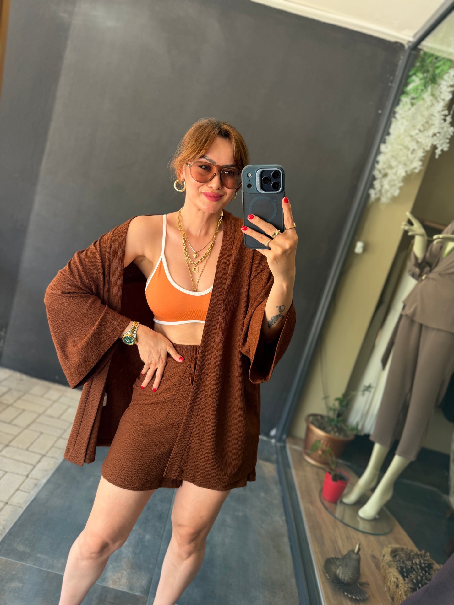 Kahve Müslin Şort Kimono Takım