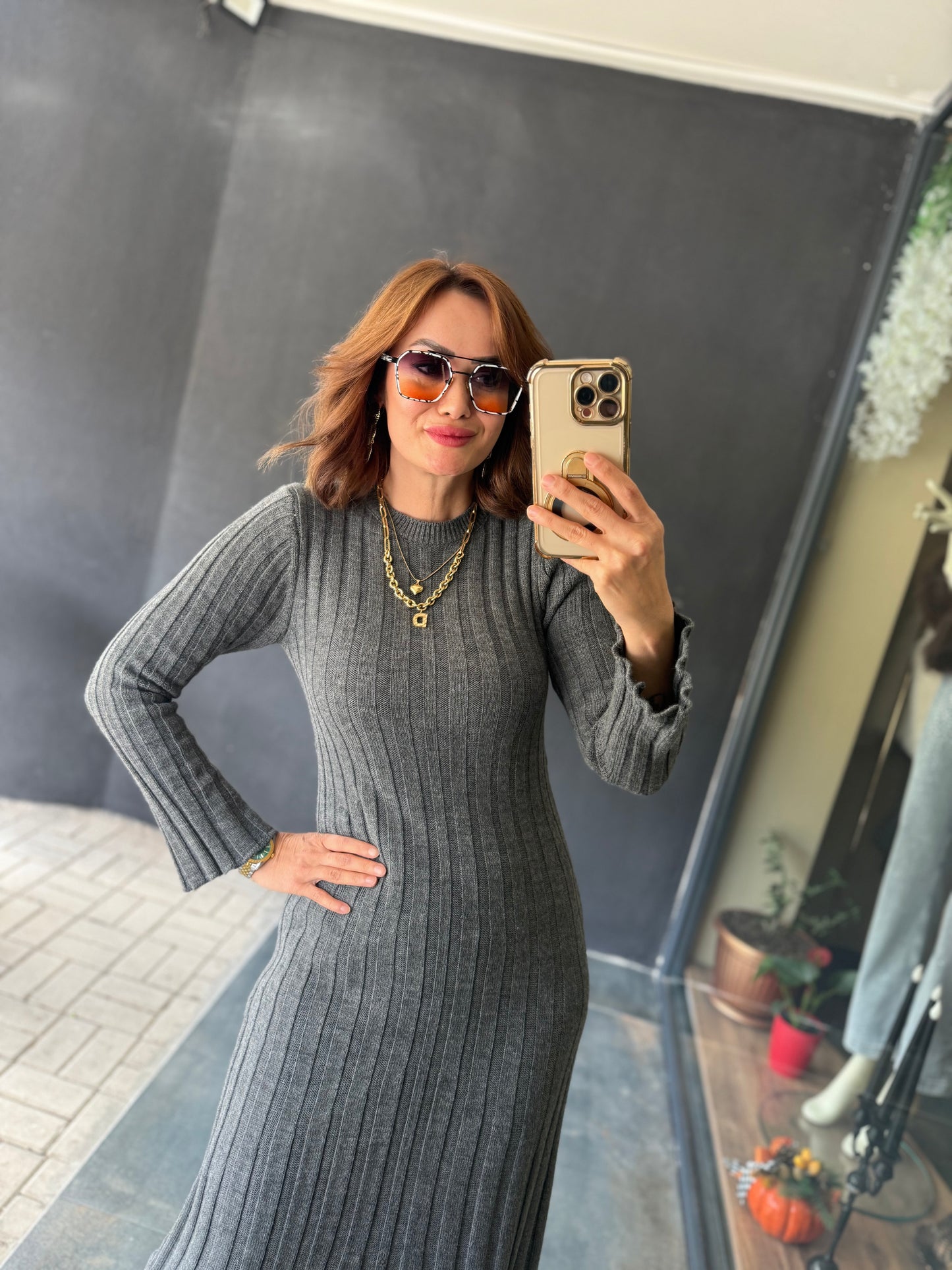 Lufi Maxi Elit Triko Gri Elbise