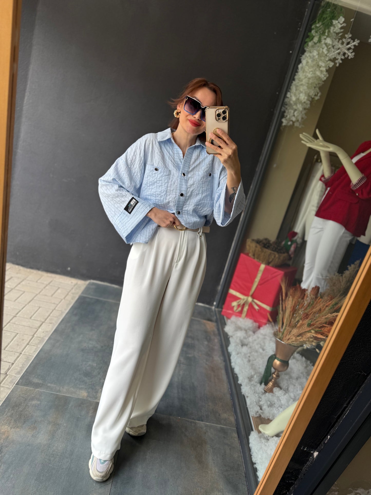 Maxi Çizgili Mavi Tensel Gömlek