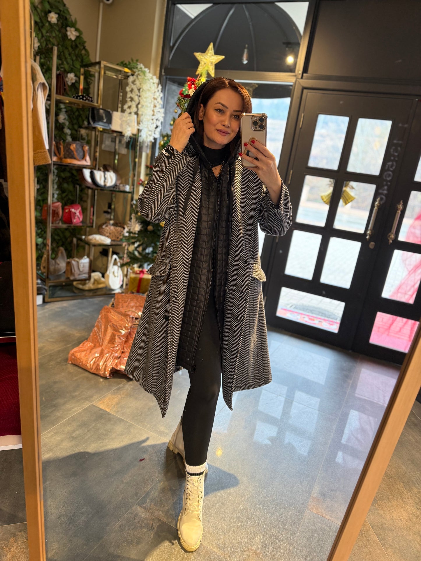 Keyja Siyah Çizgili Yelekli Kaşe Kaban