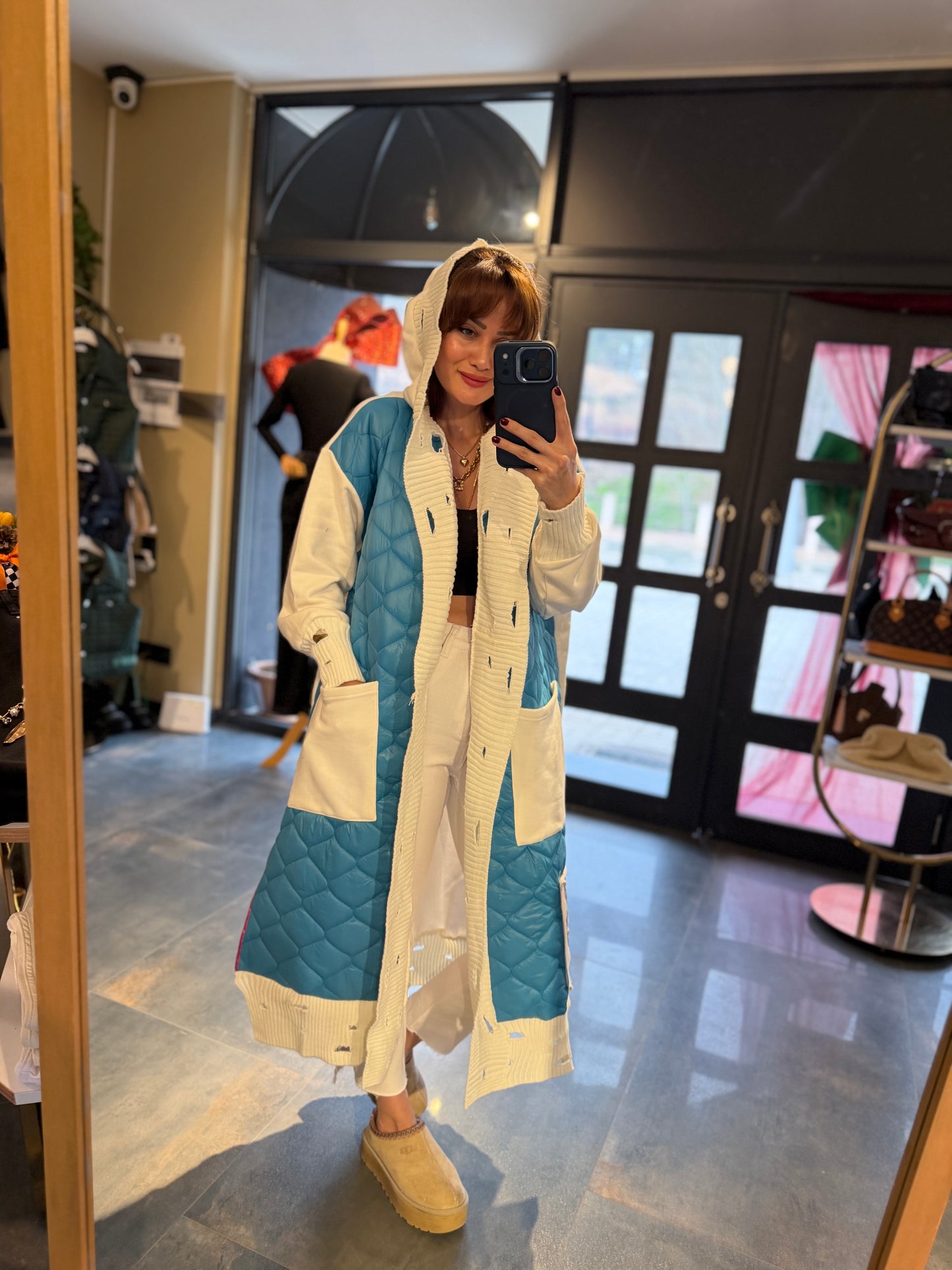 Linen Mavi Capitone Detay Hırka