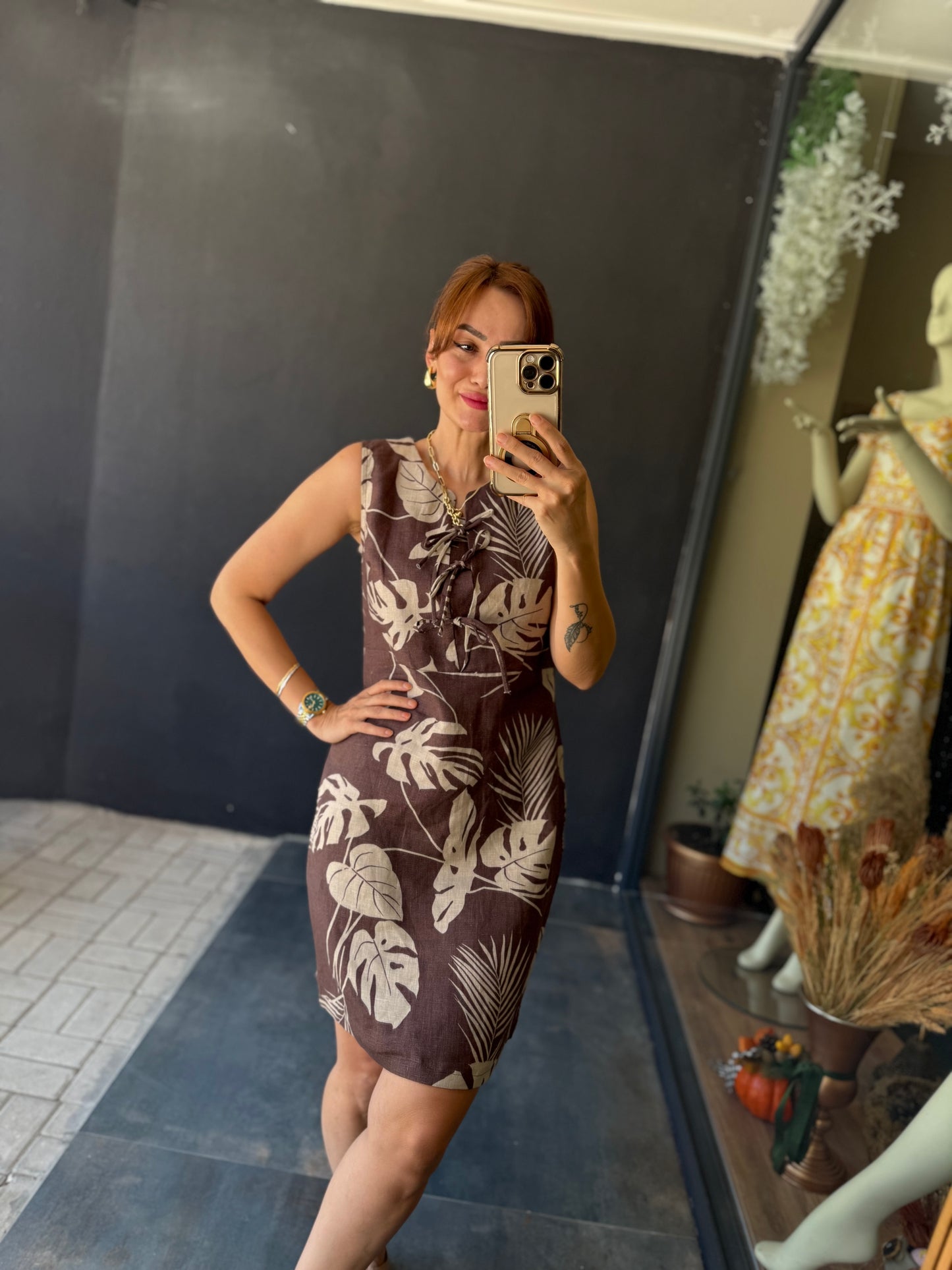 Jessica Kahve Keten Elbise