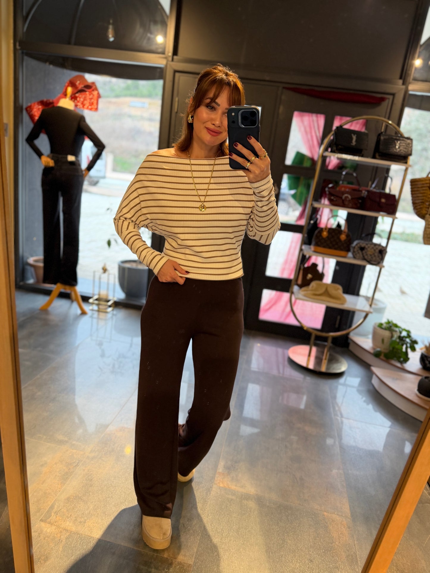 The Secret Kahve Modal Pantolon & Çizgili Bluz Takım