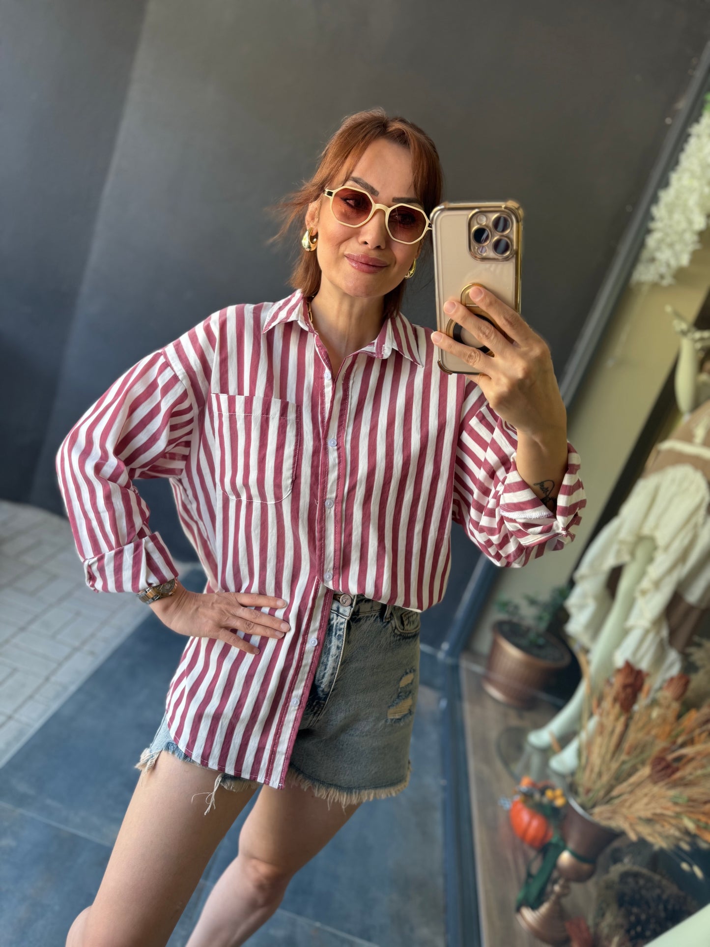 Bısou Bordo Çizgili Gömlek